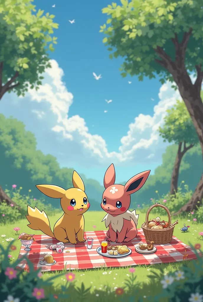 high quality,  8K Ultra HD, A picture of streamer Pippi Park and Pippi from Pokémon having a picnic while eating a packed lunch together