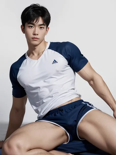 1 beautiful  naked Japanese guy ，pose sexy, A 20 year-old man wearing a bare chest shirt and Excellent shorts stands against a white background,  navy blue,  navy blue, sports shirt,  White , Excellent Sportswear, Dazzling and sexy clothes, Sportswear,  sh...