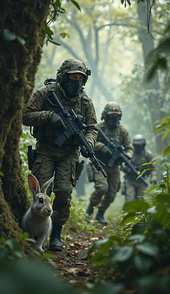 An ultra --realistic 8k cinematic"A group of hunters in camouflage clothing enter the jungle with nets and spears, trying to trap the lion. The rabbit hides behind a tree, looking worried."