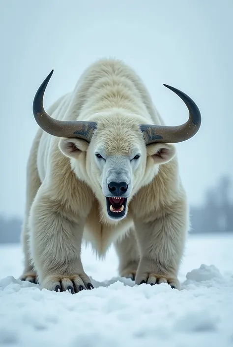 "A terrifying hybrid of a polar bear and a bull, built for raw aggression. It has the massive, muscular frame and thick white fur of a polar bear, combined with the thick, curved horns and powerful legs of a raging bull. Its eyes burn with fury, and its br...