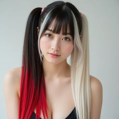 Silky smooth hair、Three hair colors: white blond hair, black hair, and red hair、Flush the bangs、 hairstyle is straight、Long hair up to chest、ponytail、and her whole body is in the picture