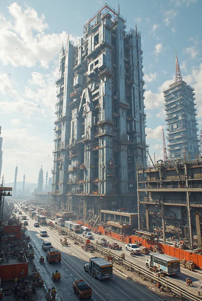 A construction building site, put an an LARGE metal bars that is spelled “ABSTRACT CO” outside the construction site. the construction site is outside the highway.
