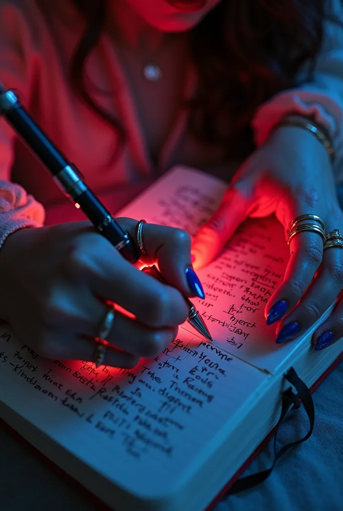 A black background with neon letters that say "The Memories of Xavi" , with a design that recalls secret diaries or erotic novels.
A close up of female hands holding a pen on a notebook, with details such as painted nails or, rings suggesting that it is Xa...