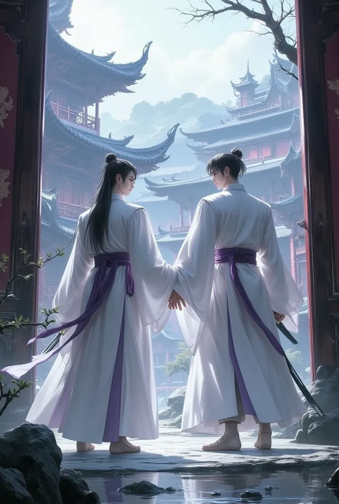 Create a sect which has large gates guarded by two swordsmen who are wearing white traditional chinese clothing with purple accents, inside of the sect is lots of building which are built in line with nature, beside ponds and rocks ultra detailed 4k dramat...