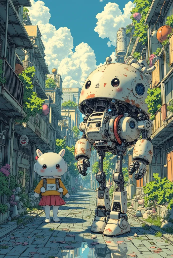 An image of a robot patrolling in a leafy back alley。The time is noon。 It's sunny 。 puddle。The robot is facing the front。The robot is extremely small 。There is no neck 。the face is integrated with the torso。I have legs and hands on my torso。has 2 legs。 Has...