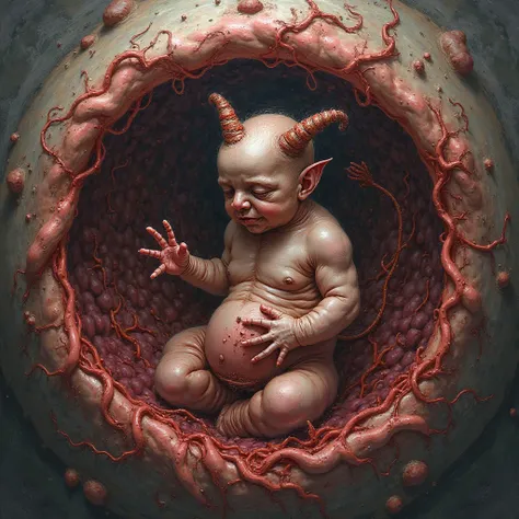 an unborn demonic fetus, horned, united by an umbilical cord, on a circular womb like fleshy structure