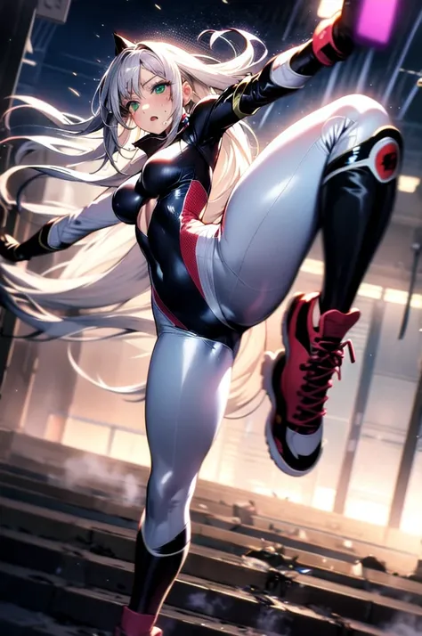 A beautiful girl with silver cat ears, green eyes, silver hair, long hair, black and white battle suit that fits her body perfectly, the background is the night city, the age is 14, dark night, sweat, steam from exhalation, dynamic angles, dynamic action p...