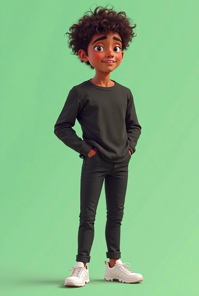 Disney Pixar style Dark-skinned brown male character Tok Chocolate with curly hair cut in low fad in a black long-sleeved shirt, black pants and white sneakers with an all-light green background. 