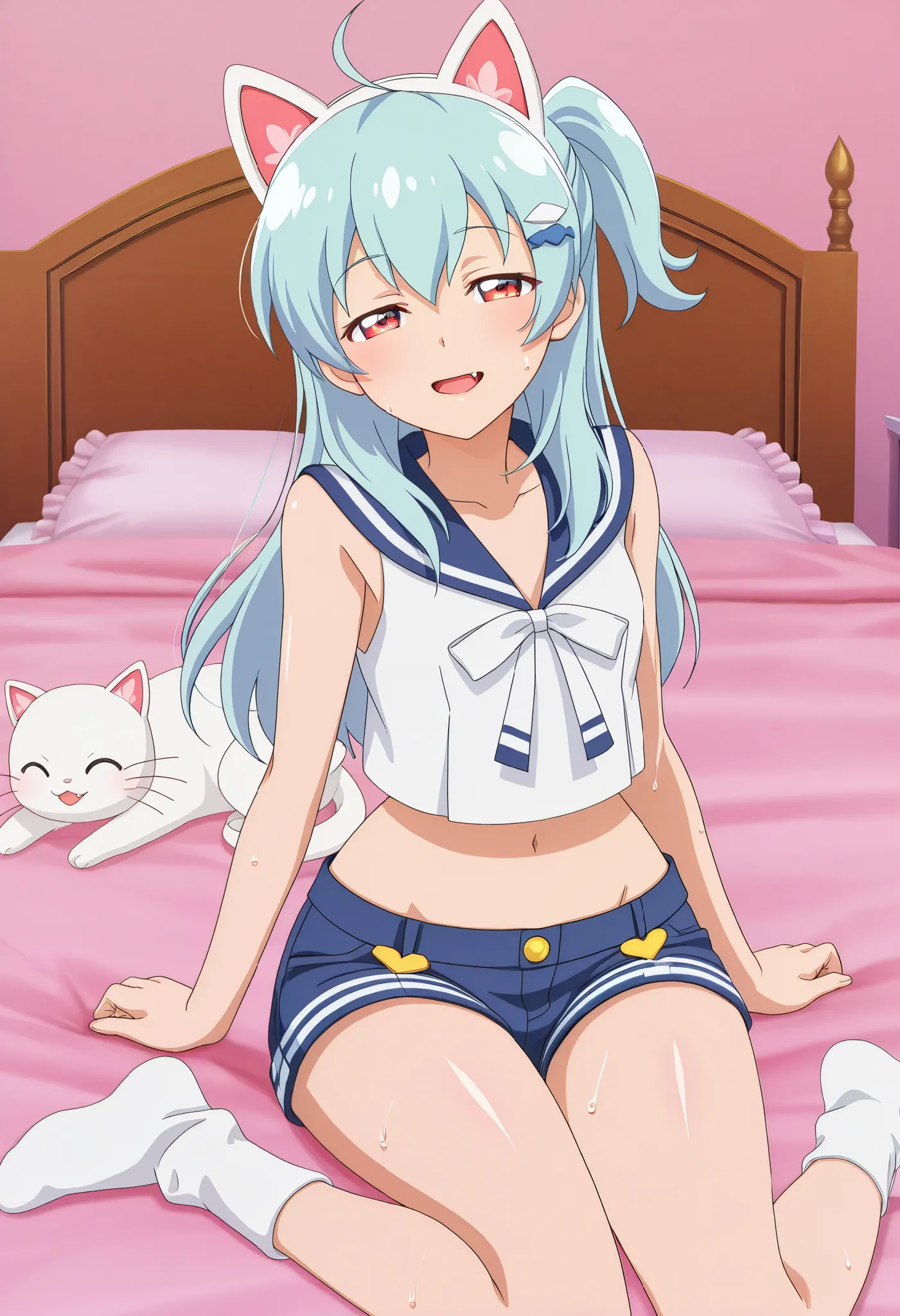 (anime screencap,anime coloring,official art:1.3),solo,,igarashi haruna,,light brue hair,long hair,red eyes,fang,white cat ear hairband,ahoge,one side up,(wide hips:1),navel,white sleeveless shirt,sailor collor,short pants,white socks,bed room,pink bed,on ...