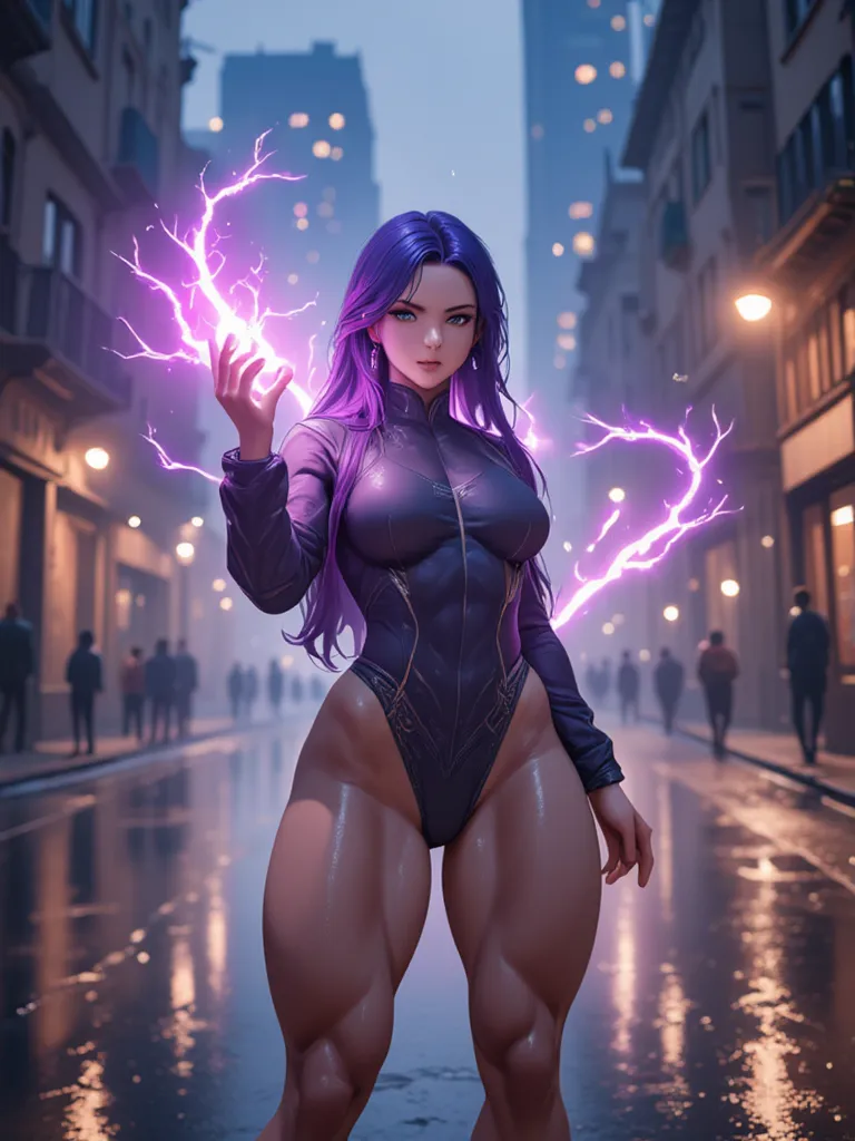 (por la noche), Alone, in a video game scene a background of a  beautiful city during the day raining, firms, purple hair, Lightning behind her , Lightning coming out of his hand  ((purple hair)),  a girl, Alone, 20 years,  young, perfect hands POV,  beaut...