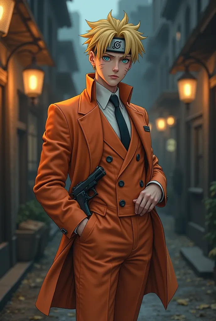 Naruto with elegant raincoat suit, 1950 Mafia style, with a cold 1911 pistol