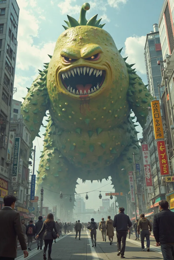 The fruit Dekopon has become super huge and is ramming around in front of the Shibuya station in Japan、Dekopon Monster that is taller than a building and has a ferocious and fearsome face、(((A person who runs away in the direction of viewers with exaggerat...