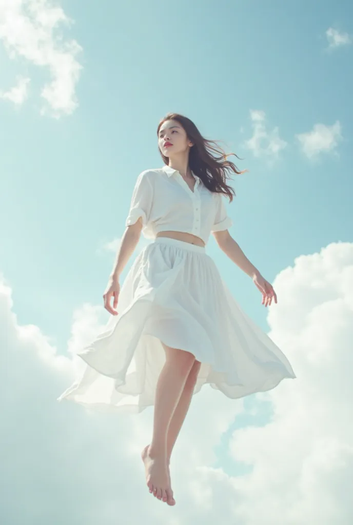 Girl with White Shirt, White Medium Skirt, Showing Her Panty, Levitating in the Bright Sky covered by the clouds