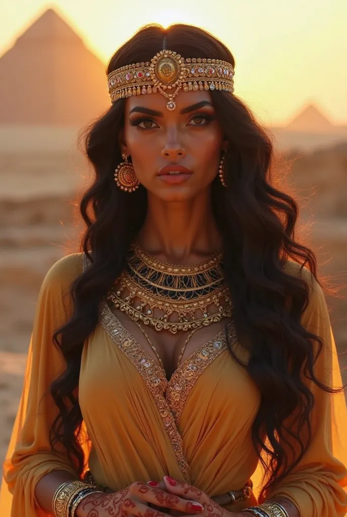 A highly detailed, ultra-realistic 8K DSLR photograph of a stunning Egyptian woman with golden brown skin, deep almond-shaped eyes, and long, dark, wavy hair. She is wearing a traditional Egyptian dress with intricate golden embroidery and an elegant headp...