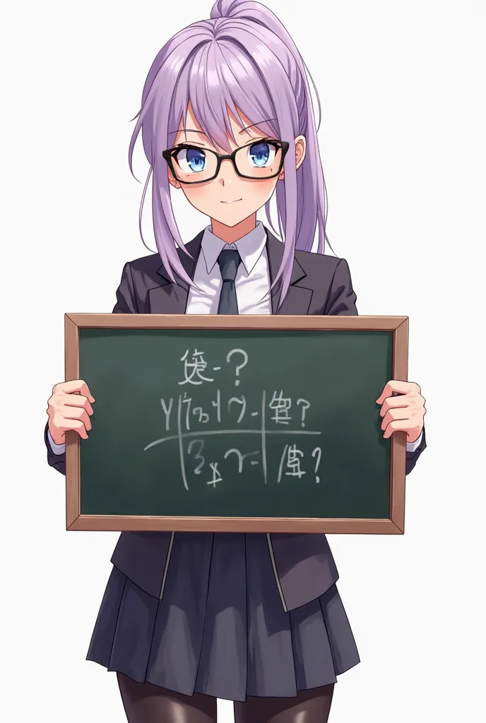 A full-body anime-style illustration of a young, lilac-haired intellectual female student with a confident and challenging expression. She wears stylish glasses and has sharp, determined eyes with a slight smirk, conveying intelligence and defiance. Her li...