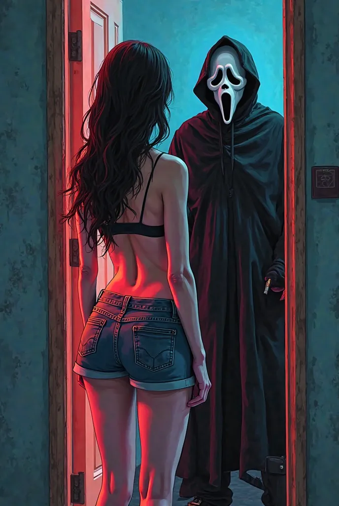 Ghostface from the Horror movie scream watching female wearing a Mini skirt bra looking in the mirror Ghostface peeping at her through the crack of the door cartoon background Ghostface 