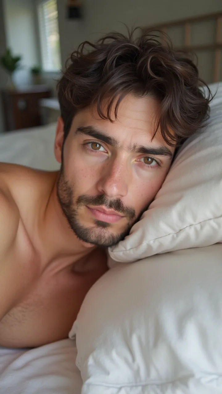 Close-up selfie of a young man lying on a bed. he is shirtless and has a beard. his head is resting on a white pillow. he has a serious expression on his face and his eyes are looking directly at the camera. his left hand is resting against the pillow. the...