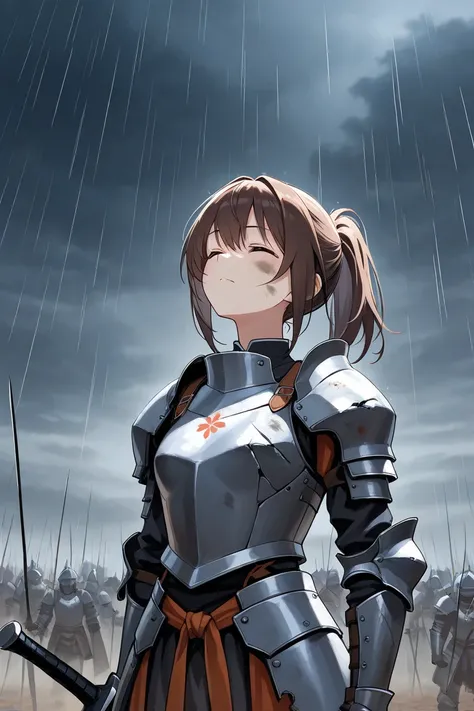 (超Hi-Res:1.2, masterpiece:1.2, Highest quality:1.2, Hi-Res:1.2),  Against the Battlefield , scenery, rainが降っている, 1 girl, small breasts, brown hair, ponytail, armor clothes, breastplate,  dirty face , Bloodstain, dark sky、rain、eyes closed、 looks up、 broken ...