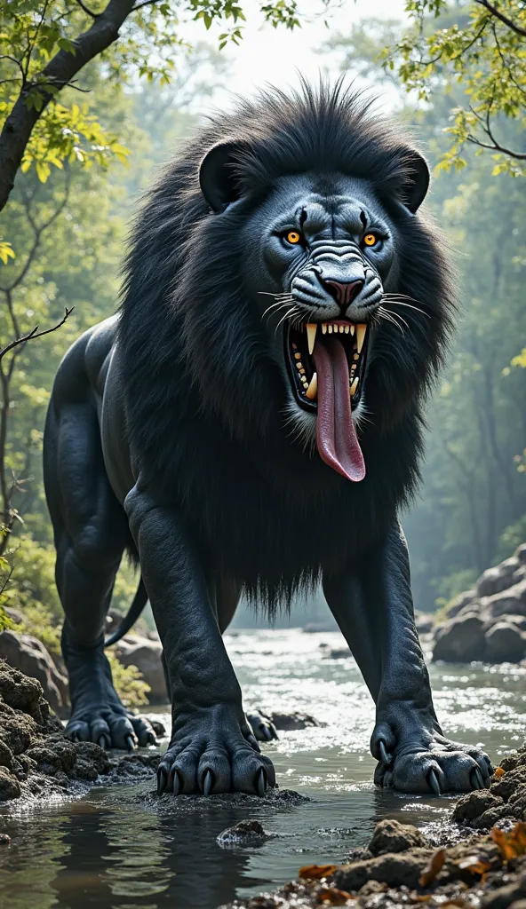 A colossal, Venom-infused lion stands menacingly near a tranquil river, surrounded by lush green trees under the bright daylight. Its glossy black fur ripples like living symbiote tendrils, constantly shifting as if alive. Bright white eyes, devoid of merc...