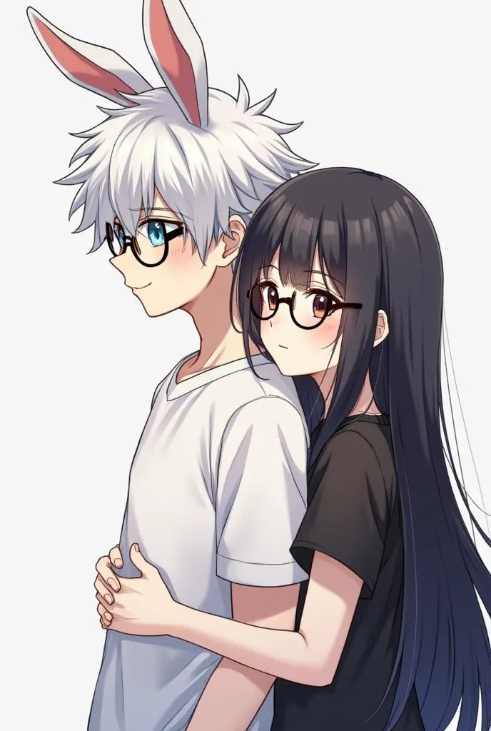 A couple of a age boy with white rabbit ears and round black glasses, blue eyes and white hair and white clothes, She is a age girl with round black glasses the girl's brown eyes and very long black hair that is a little short black clothes and a well-defi...