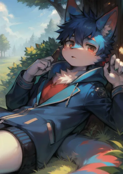 A young boy with red and blue fur coats resting under a tree in a white and blue jacket HD picture