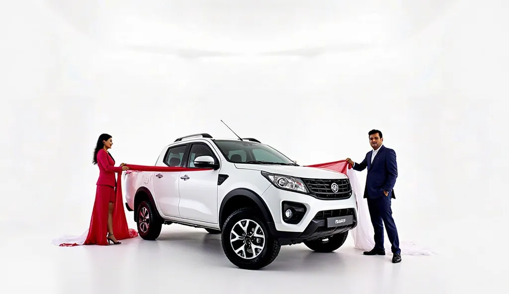 "A grand unveiling of a new Tata Tuff at an automotive event. A white Tata Tuff is being revealed by two presenters, one on each side, pulling back a red and white cloth. The background is completely white, making the car stand out prominently. Bright ligh...