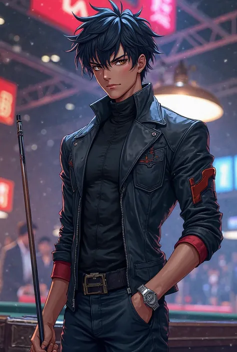 "A young male protagonist in a shonen anime style, exuding confidence and determination. He has a lean yet athletic build, standing tall with a commanding presence. His jet-black hair is slightly messy yet stylish, with sharp, defined strands that frame hi...