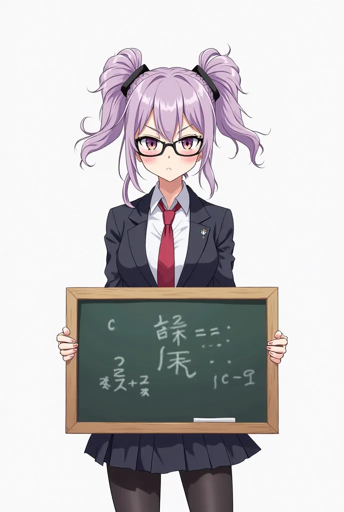 A full-body anime-style illustration of a young intellectual female student with lilac hair styled into two high ponytails. She has a confident and challenging expression, wearing stylish glasses that highlight her sharp, determined eyes. Her slight smirk ...