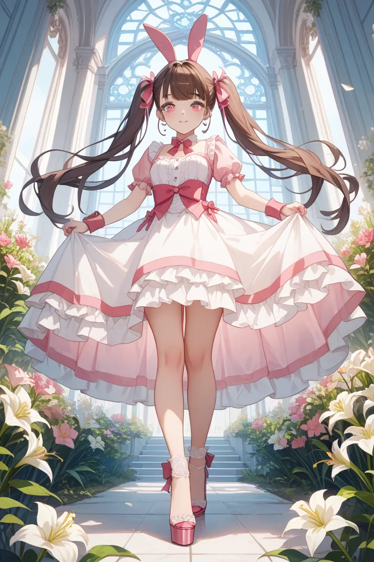  cute smiles 、 double large, long lashes 、 dark brown hair and twin tails 、 pink ribbons on the twin tails 、 straight see-through bangs 、Are sideburns 、 light pink tulle miniskirt that is fluffy and transparent、 high heels decorated with small flowers 、 bo...