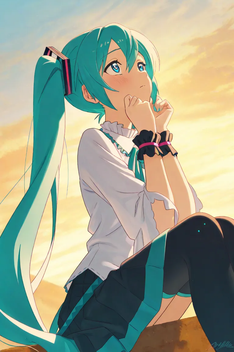 Shy face Hatsune Miku。Hatsune Miku is looking upward from an angle from above。
