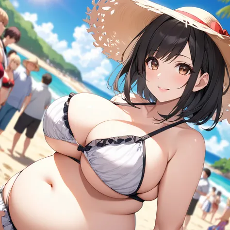 core_9,score_8_up,score_7_up,),score_9,score_8_up,score_7_up,{{anime,  low angle, upper body, Dutch angle,  source_anime, outdoor,  beach, sea, colorful,  vibrant, Blurry Background, looking towards the viewer, Alone, crowd}} mature woman, ,  Japanese,  wh...