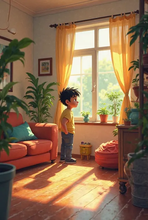 A morning scene with sunlight coming through the windows. Shivam is looking around the house, observing the decor with curiosity. The house feels calm and homely, with vibrant furniture, plants, and a peaceful vibe. Shivam’s expression is one of contemplat...