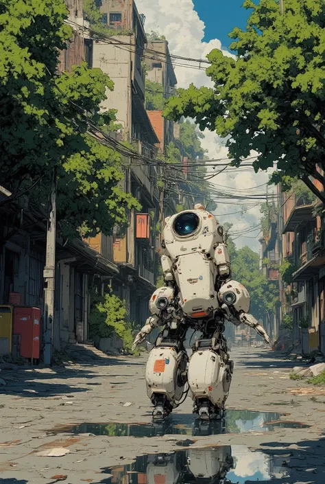 An image of a robot patrolling in a leafy back alley。The time is noon。 It's sunny 。 puddle。The robot is facing the front。The robot is extremely small 。There is no neck 。the face is integrated with the torso。I have legs and hands on my torso。has 2 legs。 Has...