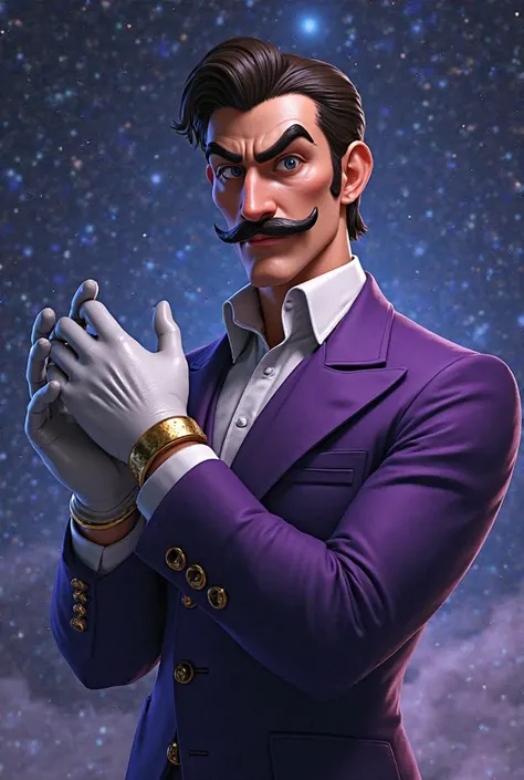 Waluigi as an elegant handsome man with his mustache in a magnificent purple suit with a white glove surrounded by a realistic starry sky 