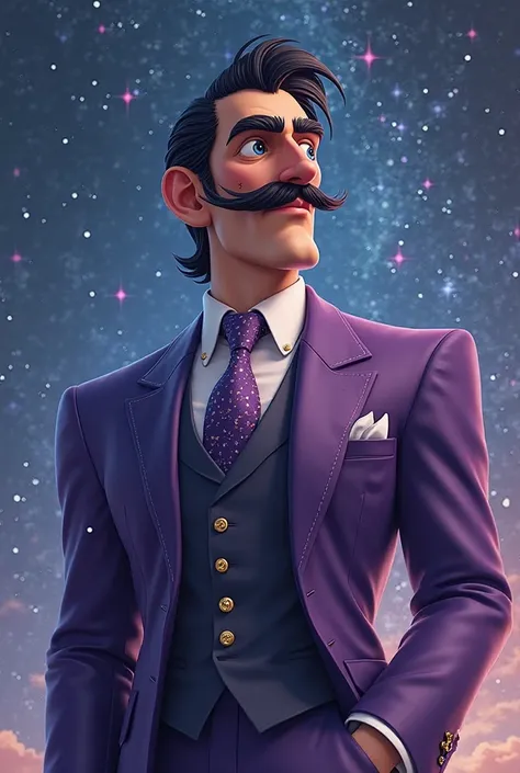 Waluigi as an elegant handsome man with his mustache in a magnificent purple suit with a white glove surrounded by a realistic starry sky 