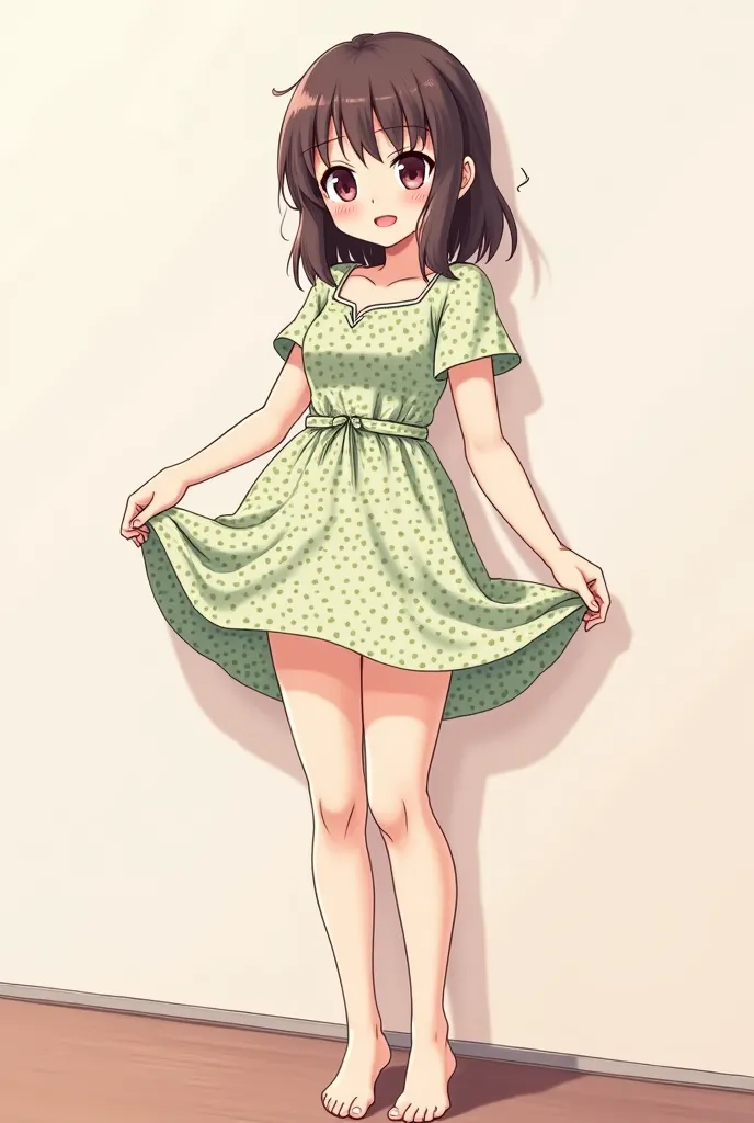 (depicting a single moment from a anime for adults), (hand-drawn), (various patterned feminine casual dress), ((round face, eyes with realistic sizing, drooping eyes, blush, sweat, shame smile, thin lips, spread her legs)), (((standing to hit her crotch th...