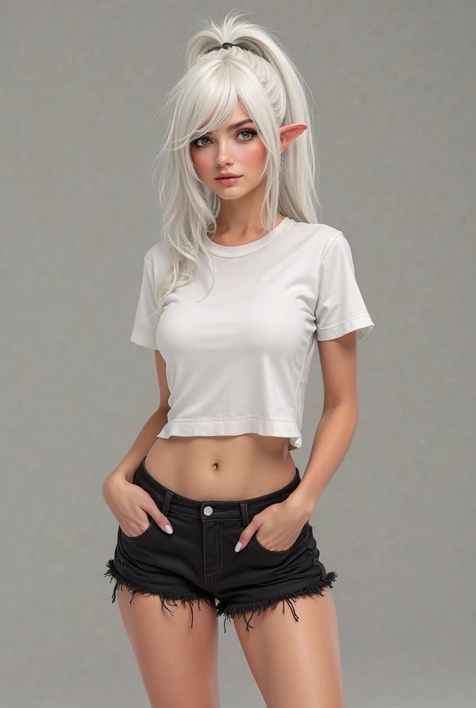 
White-haired woman with a ponytail brown eyes short white t-shirt that reveals a navel and black shorts and white boots and that shows her full body white skin the t-shirt has no sleeves big breasts medium ass