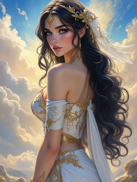 oil painting hyperrealistic fantasy, beautiful 25-year-old Russian woman with Russian features, long and wavy jet black hair, sapphire blue eyes, shiny reddish lip gloss, white skin de porcelana como muñeca,  pink cheeks, white tunic with gold details, cel...