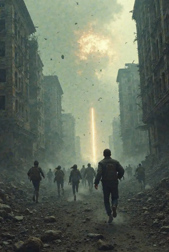 A bleak landscape depicting chaos and despair, with people running around in panic. A ray of light could be visible in the distance,  symbolizing hope .