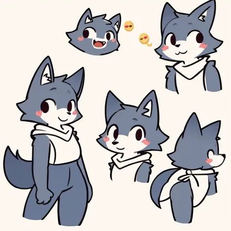  wolf,Furry ,female,  simple art  ,thin,  Slightly cute and slightly scary style,  ,  Anatomy Correct, Multiple Views, Setting diagram, , Three views, whole body，Back, on the side of the character, Emoji stickers ,  , Cool clothes