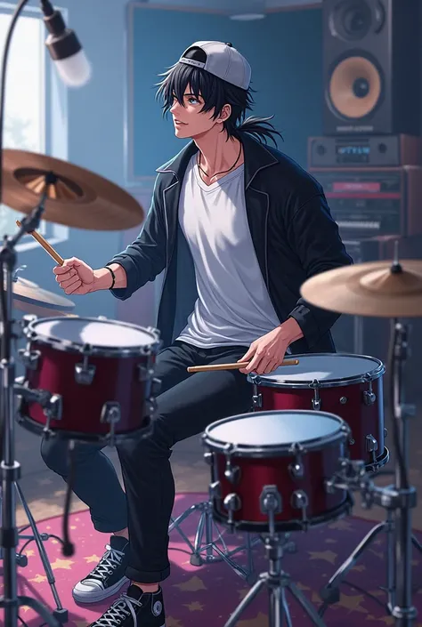 Seiya KOU handsome adult man anime smiling blue eyes long black hair tied in a low ponytail long black pants white t-shirt black jacket vinyl leather upside down cap black white sneakers, PLAYING THE DRUMS full body anime style, in the background recording...