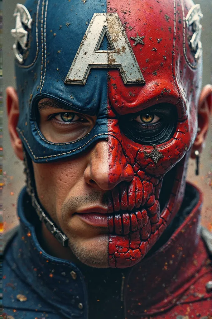 Upper half captain America 
Lower half redskull