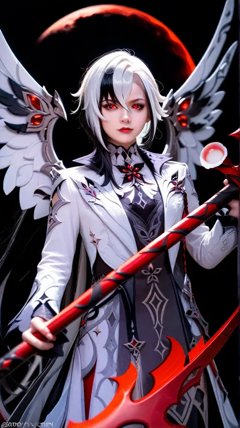 REALISTIC, ULTRA REALISTIC, PHOTOGRAPHY, Perfect anatomy, 1 girl, arlecchino_(genshin_impact), white hair, long hair, alone, holding, symbol-shaped pupils, wings, holding a weapon, weapon, holding a red scythe, red scythe, multi-colored hair, red wings, ve...