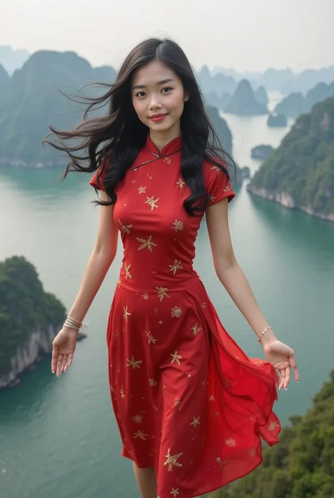 A beautiful woman with a youthful, cute face, black hair, wearing a modest red áo dài adorned with golden star patterns, hovering in the air over Halong Bay, surrounded by mountains and sea, creating a sense of graceful floating motion.