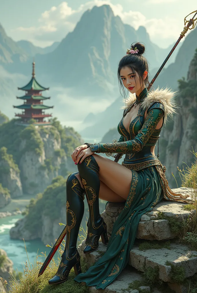 Close up,front view of the black mythical film character Wukong, a beautiful young woman and knight, ideal body, ideal big breast, long elegant black hair bun, with beautiful flower decoration, wearing sexy and elegant slim fit colossal and epic Chinese ba...