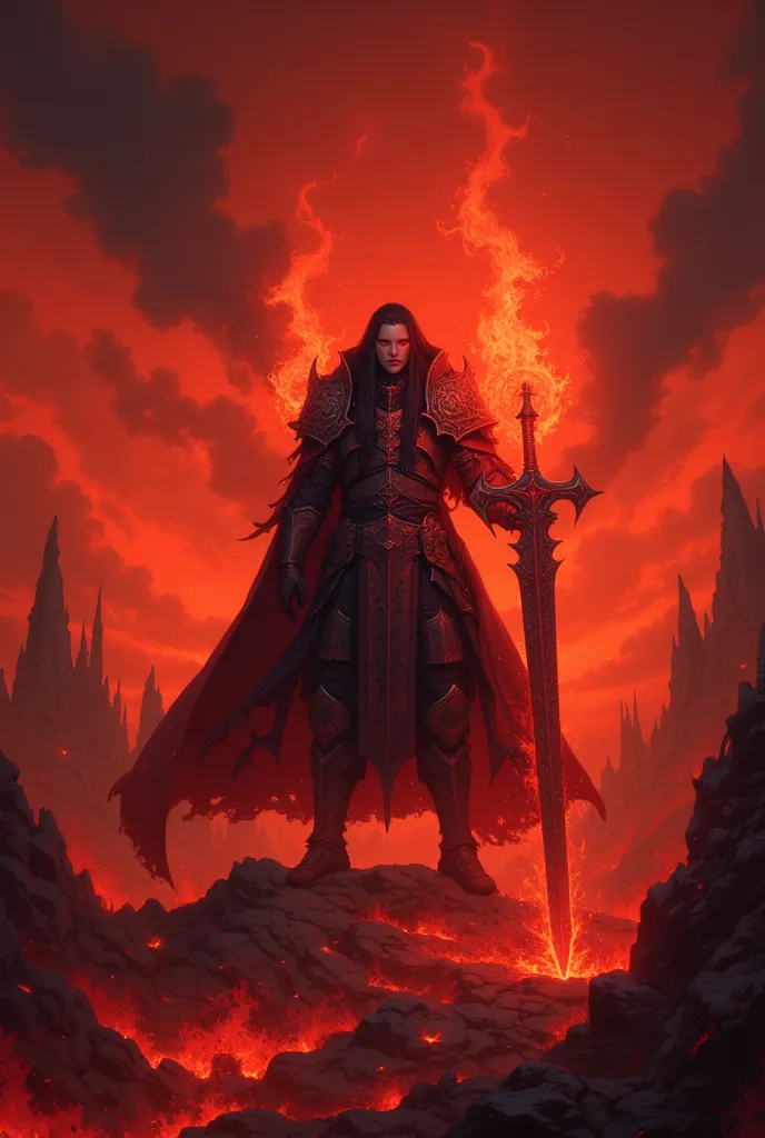 man with dark skin, long black hair, red eyes, wearing black armor, with a black cloak torn with a red inside, holding a large flaming sword, in hell, RPG, dark fantasy