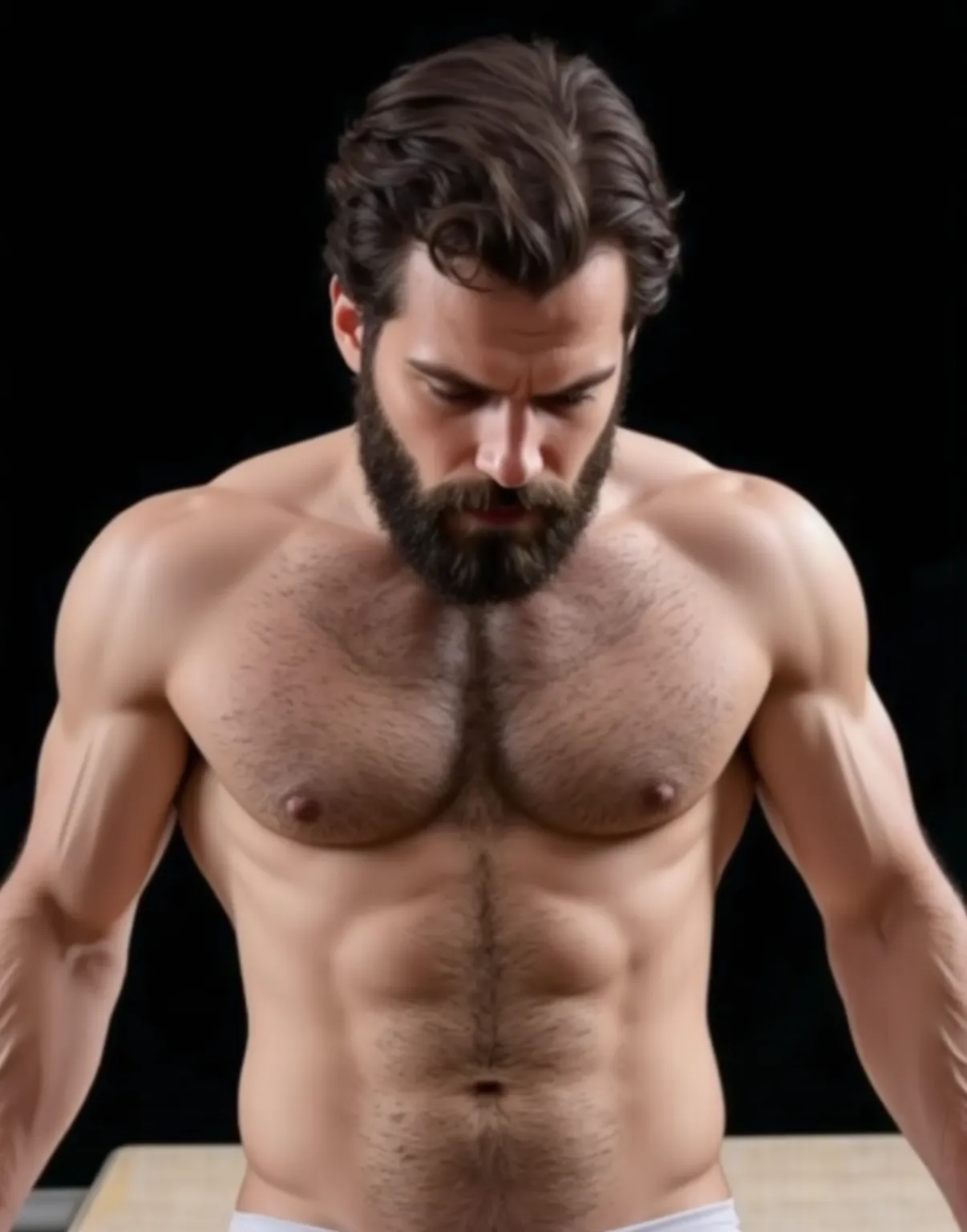 A muscular man with an athletic build, with a well-defined torso and body hair, It is in an outdoor environment with extremely intense light coming from the ground.  His expression is serious and confident , with a well-groomed beard and short hair wavy y....