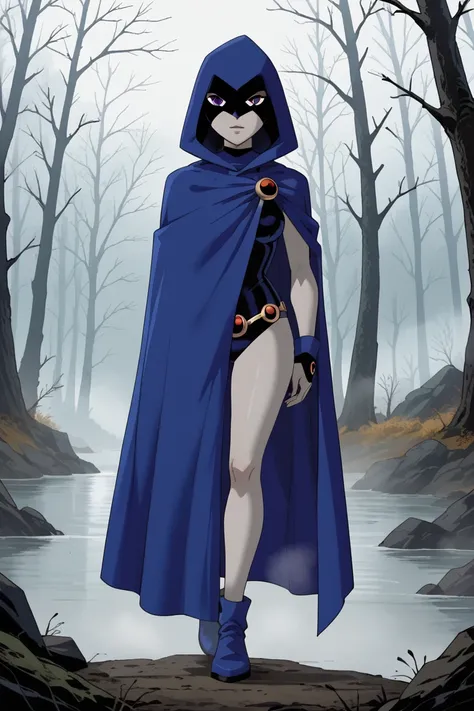 1girl, solo, raven (dc), purple eyes,grey skin, blue cape covered full body, blue long cape,fog, forest, wind, cape blow of tbe wind, hood covered head, Looking at viewer, High Resolution, Best Quality, Masterpiece, cape at viewer