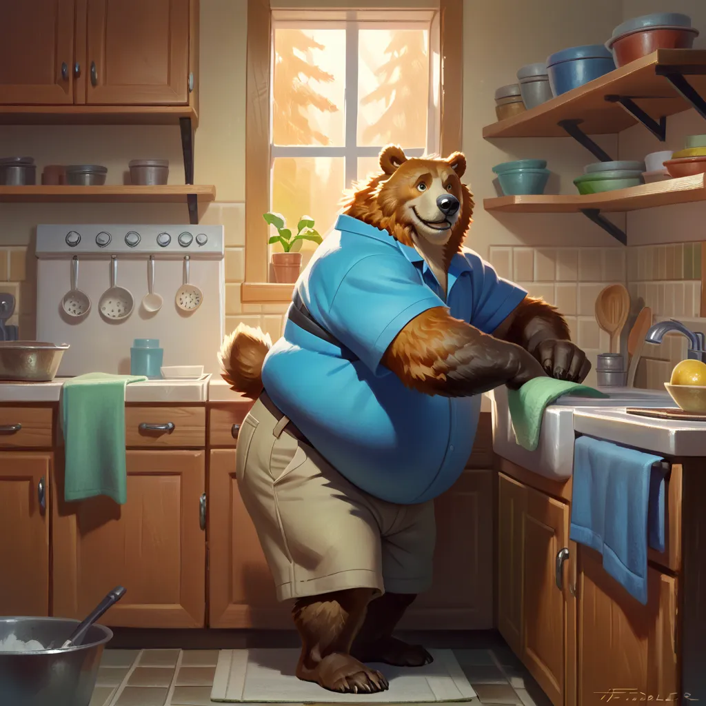 (by Taran Fiddler), (by Anhes), (by bontiage), bear, feral, male, old, chubby, fat, big butt, thick thighs, wide hips, khaki shorts, blue shirt, mustache, hairy, facial hair, bear tail, washing dishes, cozy kitchen, warm sunlight, sweet smile, looking at v...