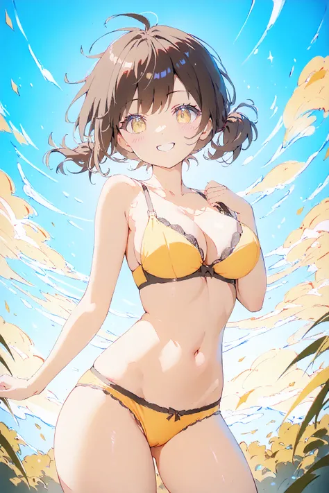 masterpiece,without background, (low brightness), ( high saturation,  high contrast:1.3),  1 girl, yellow eyes, dark brown hair, short hair, low and short twintails, (busty:0.5,smile,break , yellow bra , yellow panty , cowboy shot